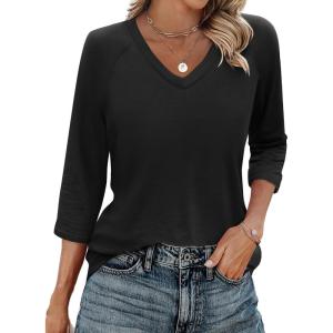 imageZeagoo 34 Length Sleeve Womens Tops Casual V Neck Shirts Soft Basic Tees Business Work BlousesBlack