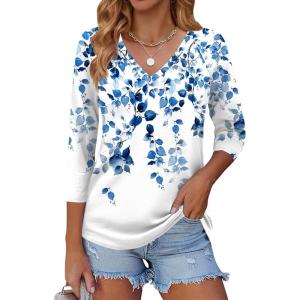 imageZeagoo 34 Length Sleeve Womens Tops Casual V Neck Shirts Soft Basic Tees Business Work BlousesBlue Leaveswf41