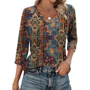 imageZeagoo 34 Length Sleeve Womens Tops Casual V Neck Shirts Soft Basic Tees Business Work BlousesBrown Bohemian