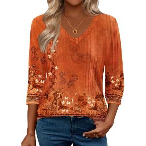imageZeagoo 34 Length Sleeve Womens Tops Casual V Neck Shirts Soft Basic Tees Business Work BlousesCaremel Print