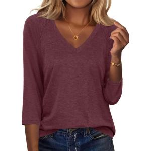 imageZeagoo 34 Length Sleeve Womens Tops Casual V Neck Shirts Soft Basic Tees Business Work BlousesDark Red