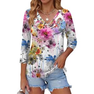 imageZeagoo 34 Length Sleeve Womens Tops Casual V Neck Shirts Soft Basic Tees Business Work BlousesFlowerwf50