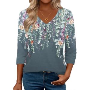 imageZeagoo 34 Length Sleeve Womens Tops Casual V Neck Shirts Soft Basic Tees Business Work BlousesGrey Floral