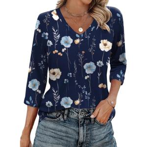 imageZeagoo 34 Length Sleeve Womens Tops Casual V Neck Shirts Soft Basic Tees Business Work BlousesNavy Floral