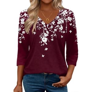 imageZeagoo 34 Length Sleeve Womens Tops Casual V Neck Shirts Soft Basic Tees Business Work BlousesRed Floral