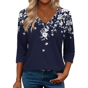 imageZeagoo 34 Length Sleeve Womens Tops Casual V Neck Shirts Soft Basic Tees Business Work BlousesWhite Flowersf103