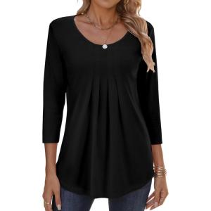 imageZeagoo 34 Sleeve Tops for Women Crew Neck Blouses Pleated Casual Shirts Fall Work Clothes 2025Black