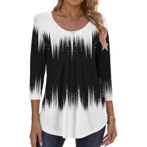 imageZeagoo 34 Sleeve Tops for Women Crew Neck Blouses Pleated Casual Shirts Fall Work Clothes 2025Black White 1