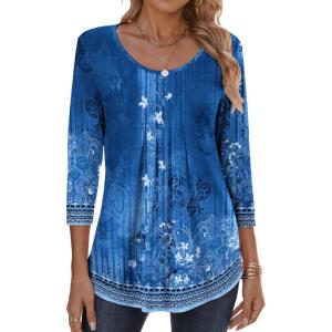 imageZeagoo 34 Sleeve Tops for Women Crew Neck Blouses Pleated Casual Shirts Fall Work Clothes 2025Floral Navy