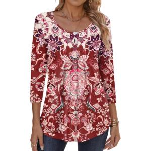 imageZeagoo 34 Sleeve Tops for Women Crew Neck Blouses Pleated Casual Shirts Fall Work Clothes 2025Floral Red