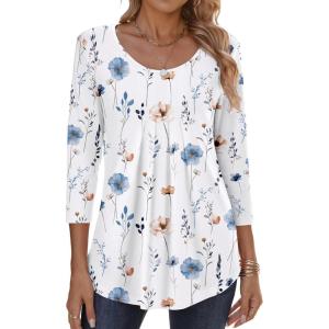 imageZeagoo 34 Sleeve Tops for Women Crew Neck Blouses Pleated Casual Shirts Fall Work Clothes 2025Floral White