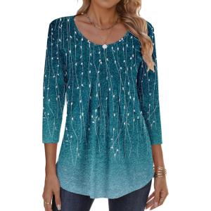 imageZeagoo 34 Sleeve Tops for Women Crew Neck Blouses Pleated Casual Shirts Fall Work Clothes 2025Leaf Blue