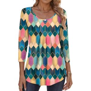 imageZeagoo 34 Sleeve Tops for Women Crew Neck Blouses Pleated Casual Shirts Fall Work Clothes 2025Multi 1
