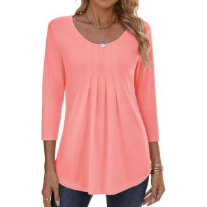 imageZeagoo 34 Sleeve Tops for Women Crew Neck Blouses Pleated Casual Shirts Fall Work Clothes 2025Pink