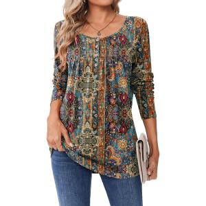 imageZeagoo Long Sleeve Shirts for Women Fall Fashion Dressy Casual Blouses Trendy Pleated Tunic Tops for Leggings 2025Amulticolormz721
