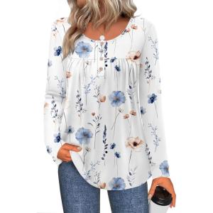 imageZeagoo Long Sleeve Shirts for Women Fall Fashion Dressy Casual Blouses Trendy Pleated Tunic Tops for Leggings 2025Awhite Flowerbf290