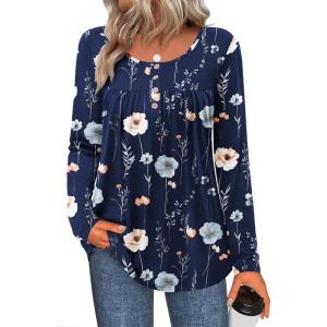 imageZeagoo Long Sleeve Shirts for Women Fall Fashion Dressy Casual Blouses Trendy Pleated Tunic Tops for Leggings 2025Blue Flowerbf318