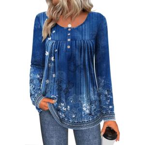 imageZeagoo Long Sleeve Shirts for Women Fall Fashion Dressy Casual Blouses Trendy Pleated Tunic Tops for Leggings 2025Blue Flowermz845
