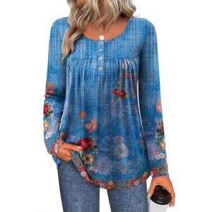 imageZeagoo Long Sleeve Shirts for Women Fall Fashion Dressy Casual Blouses Trendy Pleated Tunic Tops for Leggings 2025Blue Printmz876