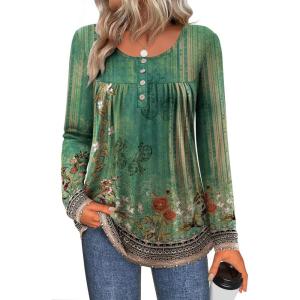 imageZeagoo Long Sleeve Shirts for Women Fall Fashion Dressy Casual Blouses Trendy Pleated Tunic Tops for Leggings 2025Green Flowermz839