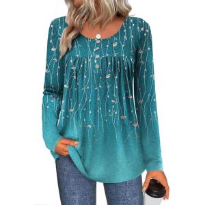 imageZeagoo Long Sleeve Shirts for Women Fall Fashion Dressy Casual Blouses Trendy Pleated Tunic Tops for Leggings 2025Green Leavexh363