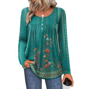 imageZeagoo Long Sleeve Shirts for Women Fall Fashion Dressy Casual Blouses Trendy Pleated Tunic Tops for Leggings 2025Green Printmz871
