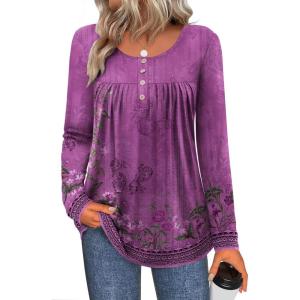 imageZeagoo Long Sleeve Shirts for Women Fall Fashion Dressy Casual Blouses Trendy Pleated Tunic Tops for Leggings 2025Purple Flowermz841