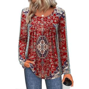 imageZeagoo Long Sleeve Shirts for Women Fall Fashion Dressy Casual Blouses Trendy Pleated Tunic Tops for Leggings 2025Red Printmz870