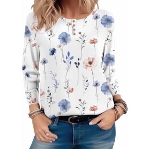 imageZeagoo Long Sleeve Shirts for Women Henley T Shirts Loose Fit Tunics Dressy Casual Work Blouses Fall Fashion TopsFloral White