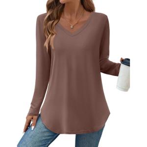 imageZeagoo Long Sleeve Tops for Women Casual V Neck Shirt Loose Fall Basic Tee Dressy Work Blouses 2025Brown