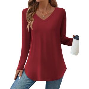 imageZeagoo Long Sleeve Tops for Women Casual V Neck Shirt Loose Fall Basic Tee Dressy Work Blouses 2025Wine Red