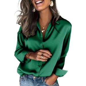 imageZeagoo Satin Blouses for Women Silk Button Down Shirts Long Sleeve Business Casual TopsEvergreen