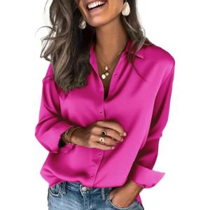 imageZeagoo Satin Blouses for Women Silk Button Down Shirts Long Sleeve Business Casual TopsHot Pink