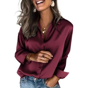 imageZeagoo Satin Blouses for Women Silk Button Down Shirts Long Sleeve Business Casual TopsWine Red