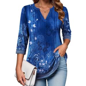 imageZeagoo Womens 34 Length Sleeve Tops V Neck Tunic Casual Dressy Blouse Floral Printed T ShirtsBlue Floral