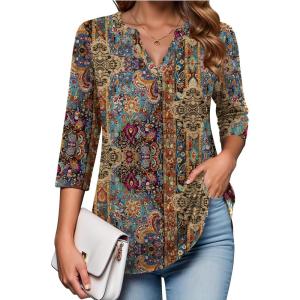 imageZeagoo Womens 34 Length Sleeve Tops V Neck Tunic Casual Dressy Blouse Floral Printed T ShirtsBoho Multicolor