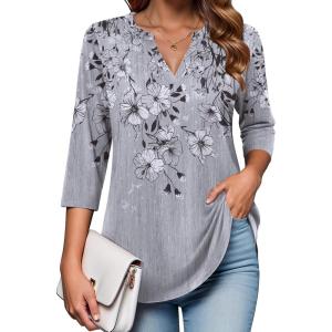 imageZeagoo Womens 34 Length Sleeve Tops V Neck Tunic Casual Dressy Blouse Floral Printed T ShirtsGray Floral