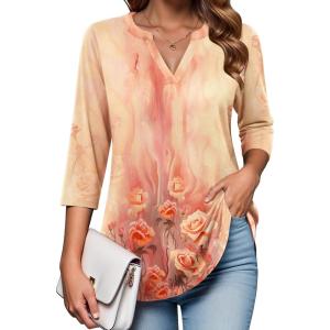 imageZeagoo Womens 34 Length Sleeve Tops V Neck Tunic Casual Dressy Blouse Floral Printed T ShirtsPink Floral