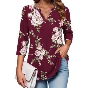 imageZeagoo Womens 34 Length Sleeve Tops V Neck Tunic Casual Dressy Blouse Floral Printed T ShirtsRed Floral