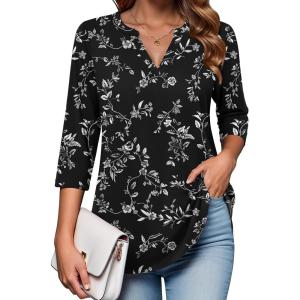 imageZeagoo Womens 34 Length Sleeve Tops V Neck Tunic Casual Dressy Blouse Floral Printed T ShirtsWhite Floral