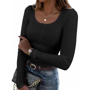 imageZeagoo Womens Long Sleeve Shirts Casual Square Neck Tops Slim Fit Rib Knit Basic Tee 2025 Fall Summer ClothesBlack