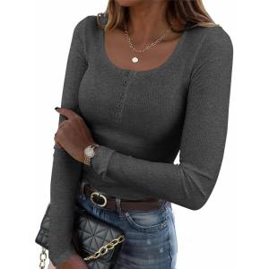 imageZeagoo Womens Long Sleeve Shirts Casual Square Neck Tops Slim Fit Rib Knit Basic Tee 2025 Fall Summer ClothesDark Grey