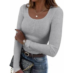 imageZeagoo Womens Long Sleeve Shirts Casual Square Neck Tops Slim Fit Rib Knit Basic Tee 2025 Fall Summer ClothesLight Grey