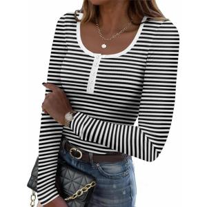imageZeagoo Womens Long Sleeve Shirts Casual Square Neck Tops Slim Fit Rib Knit Basic Tee 2025 Fall Summer ClothesStripe Black White