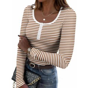 imageZeagoo Womens Long Sleeve Shirts Casual Square Neck Tops Slim Fit Rib Knit Basic Tee 2025 Fall Summer ClothesStripe Brown White