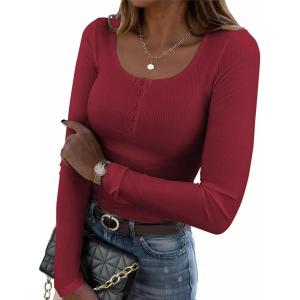 imageZeagoo Womens Long Sleeve Shirts Casual Square Neck Tops Slim Fit Rib Knit Basic Tee 2025 Fall Summer ClothesWine Red