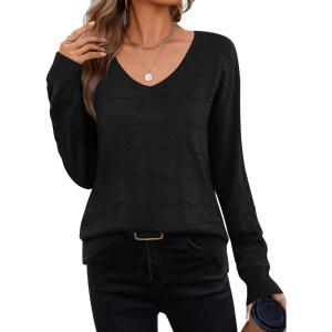 imageZeagoo Womens Sweaters Fall Casual Long Sleeve V Neck Shirts Lightweight Crochet Ribbed Knit Pullover Tops OutfitsBlack