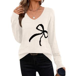 imageZeagoo Womens Sweaters Fall Casual Long Sleeve V Neck Shirts Lightweight Crochet Ribbed Knit Pullover Tops OutfitsBow