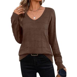 imageZeagoo Womens Sweaters Fall Casual Long Sleeve V Neck Shirts Lightweight Crochet Ribbed Knit Pullover Tops OutfitsBrown