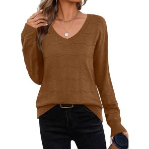 imageZeagoo Womens Sweaters Fall Casual Long Sleeve V Neck Shirts Lightweight Crochet Ribbed Knit Pullover Tops OutfitsCaramel